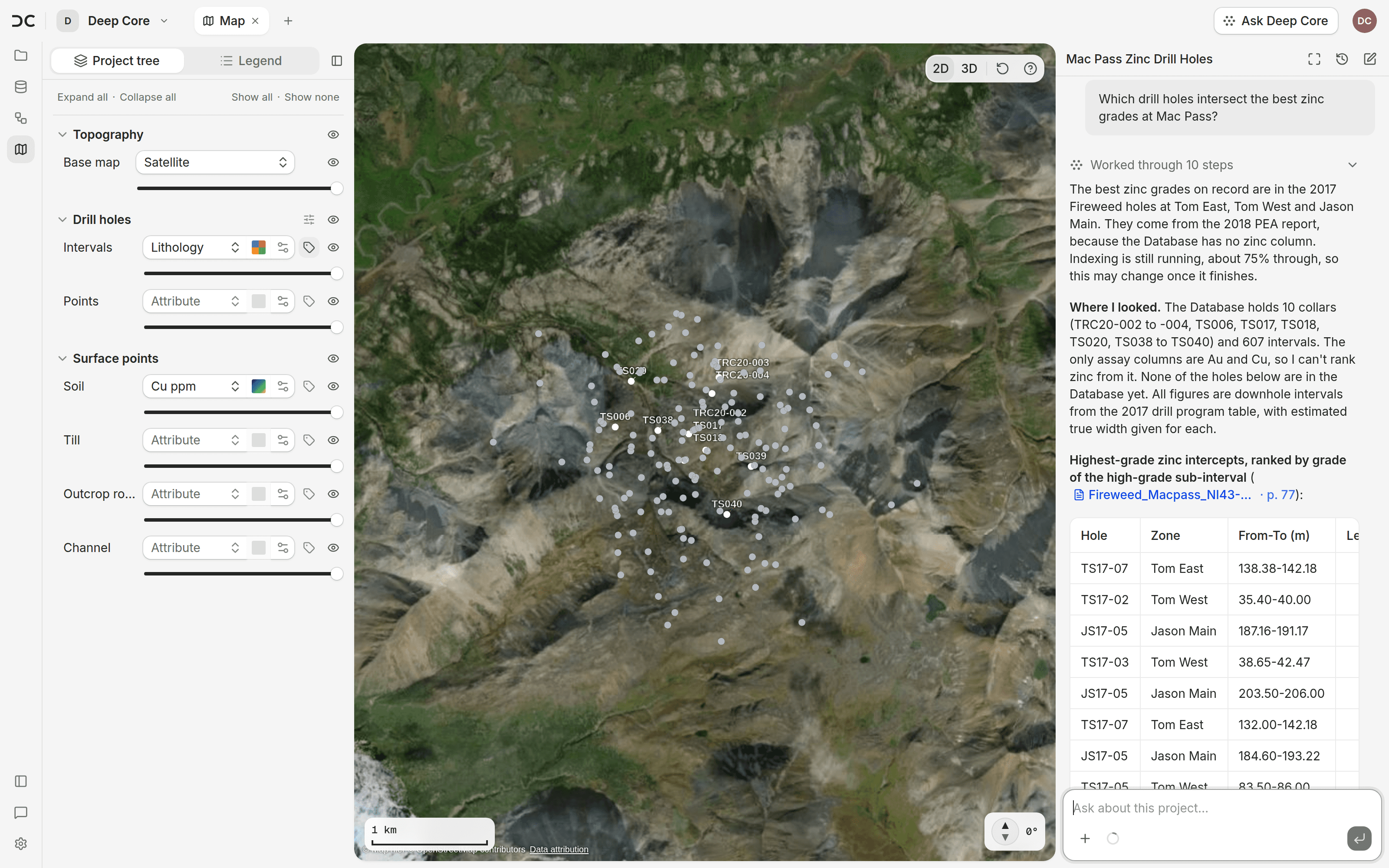 The Deep Core workspace with the project tree, the map and the assistant